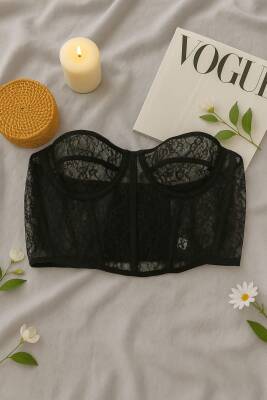 Siyah Transparan Dantel Büstiyer ve Tanga İç Giyim Takımı - 3