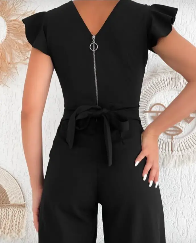 Siyah V Yaka Bağlamalı Tulum – Şık ve Zarif Tasarım - 1