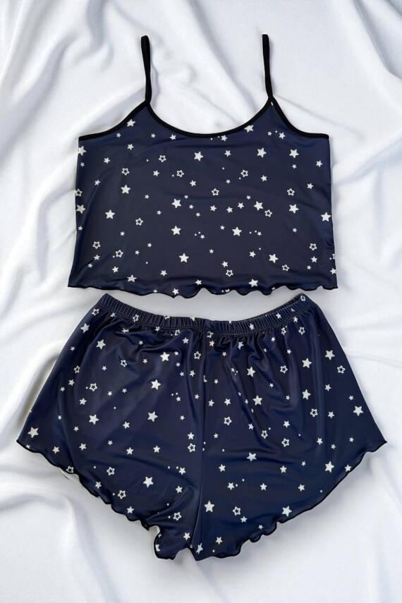 Yıldız Desenli Lacivert Şortlu Pijama Takımı - 1