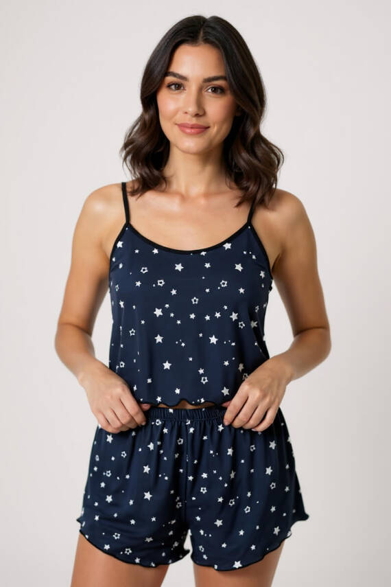Yıldız Desenli Lacivert Şortlu Pijama Takımı - 4