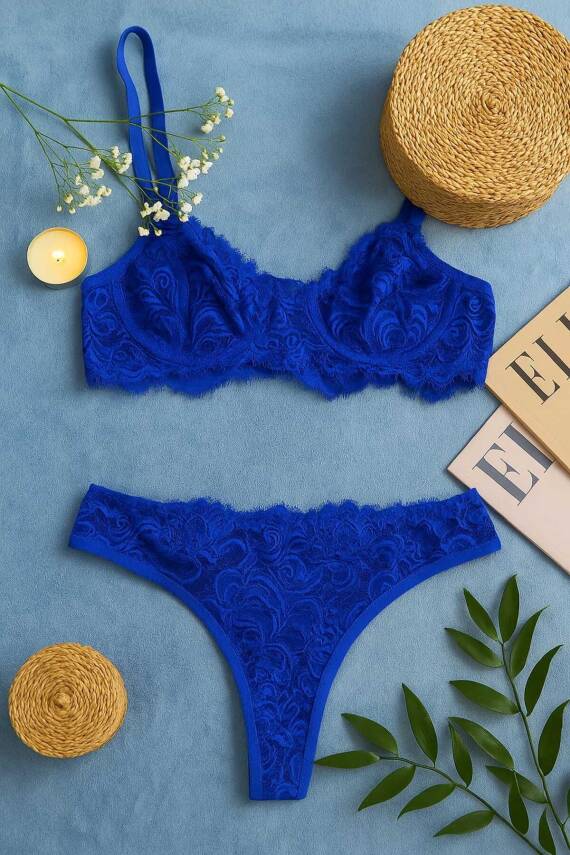 Zarif Mavi Dantelli Transparan Sütyen ve Tanga Takımı - 1