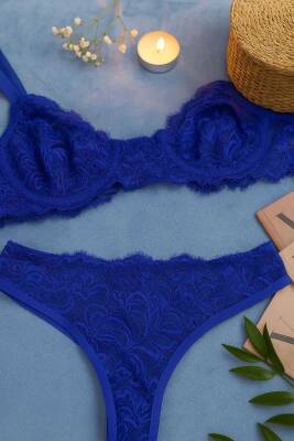 Zarif Mavi Dantelli Transparan Sütyen ve Tanga Takımı - 2