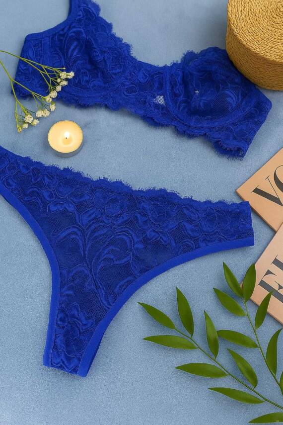 Zarif Mavi Dantelli Transparan Sütyen ve Tanga Takımı - 4